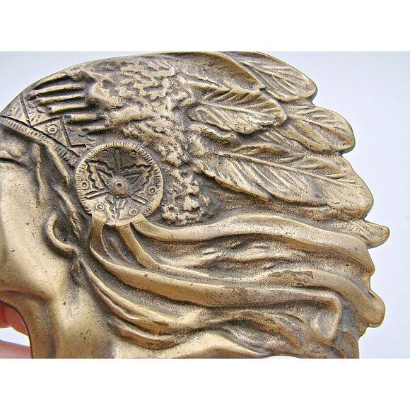 Native American Chief Headdress Belt Buckle Bronze Brass Detailed Work of Art - Picture 7 of 10